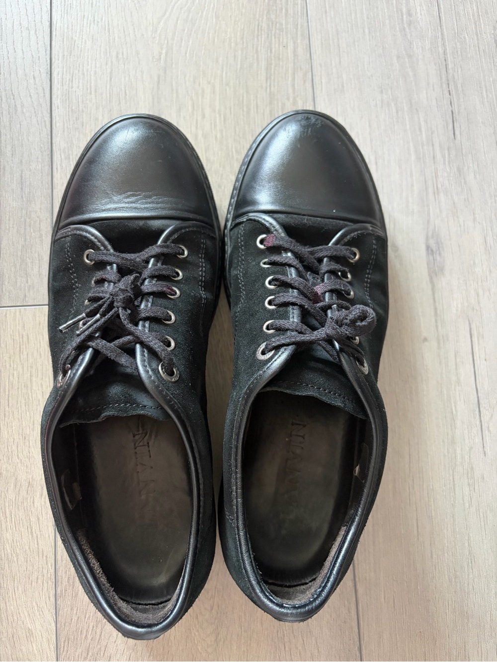 Lanvin Black Leather and Suede Low-Top Lace-Up Sneakers